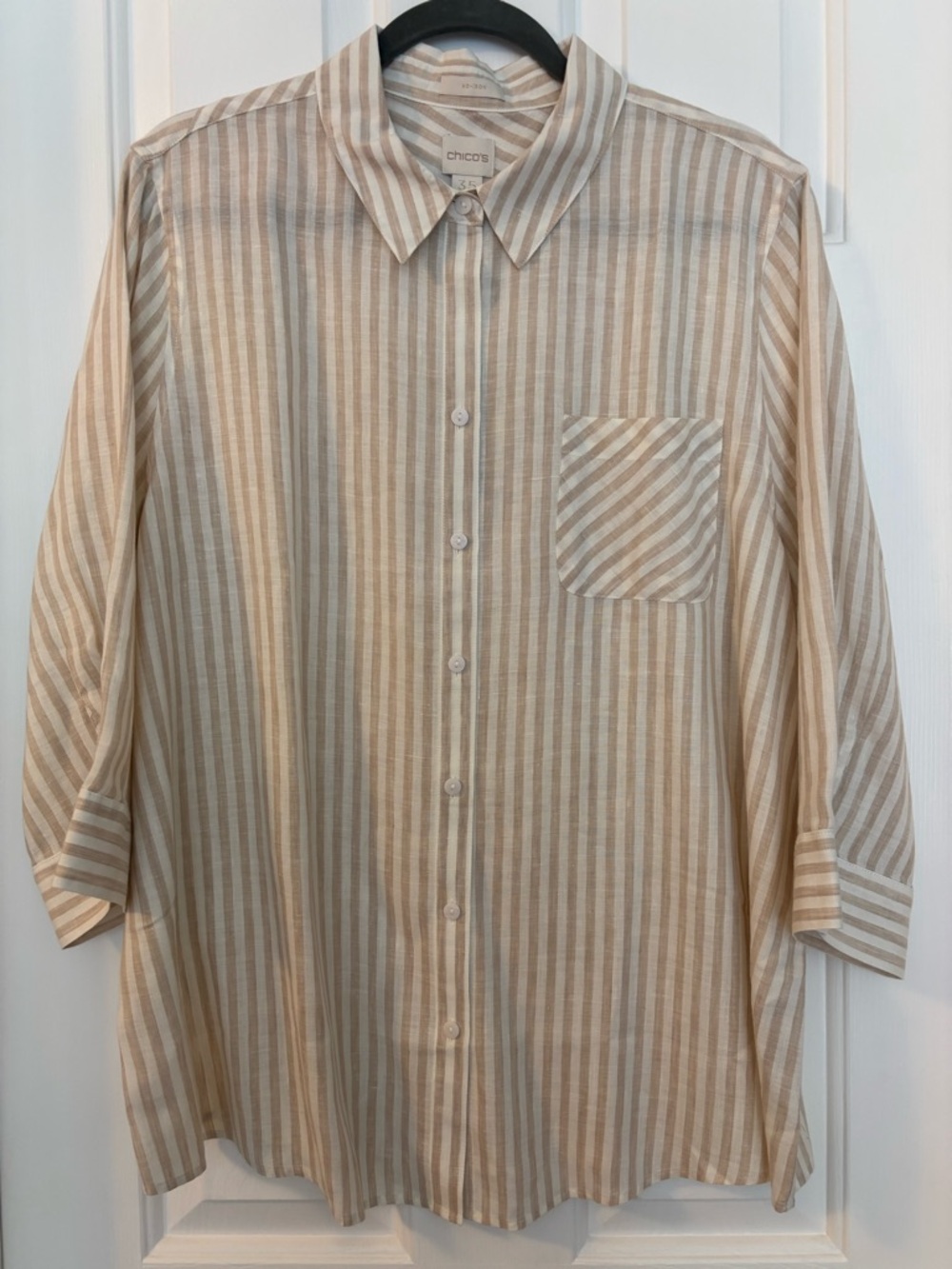 Chico's Beige and Cream Striped linen Button-Down Shirt